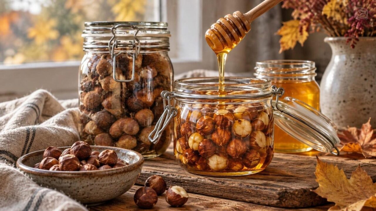 Lazdynų riešutai su medumi stiklainyje: receptas be cukraus, kuriam užtenka dviejų produktų
